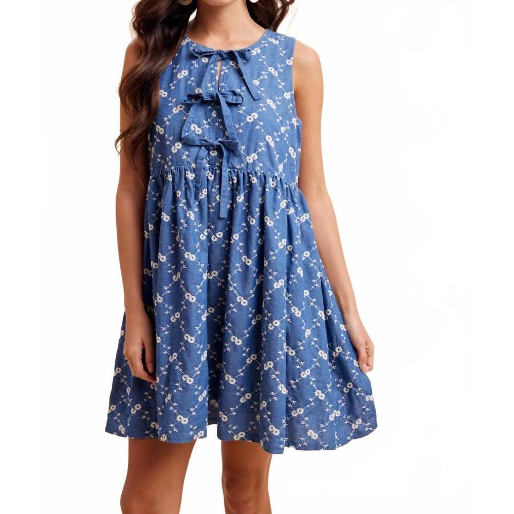 NEW IN-LOOM embroidered bow mini dress in denim floral
